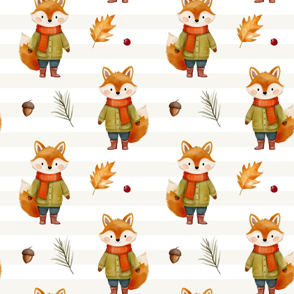 Watercolor pattern with fox, leaves, acorn for autumnal design. Fall seamless pattern. Autumn woodland vector