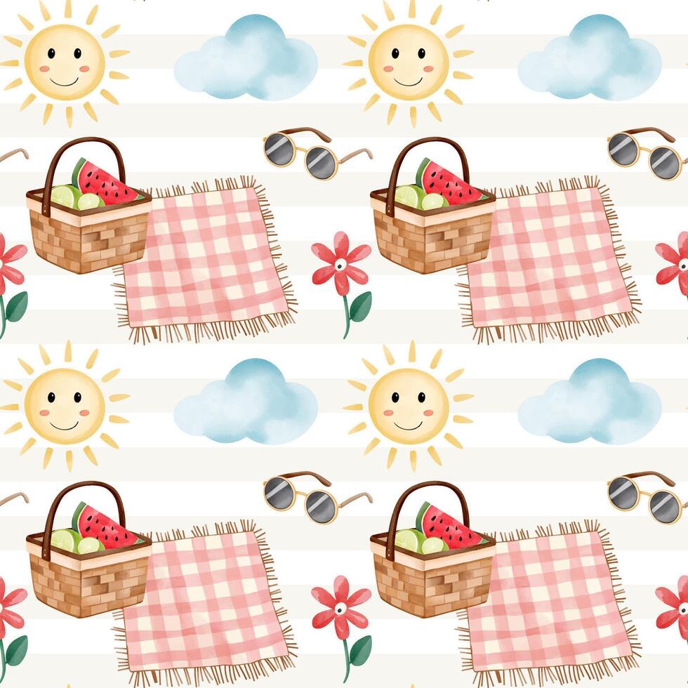 Colorful picnic pattern with sun and basket vector