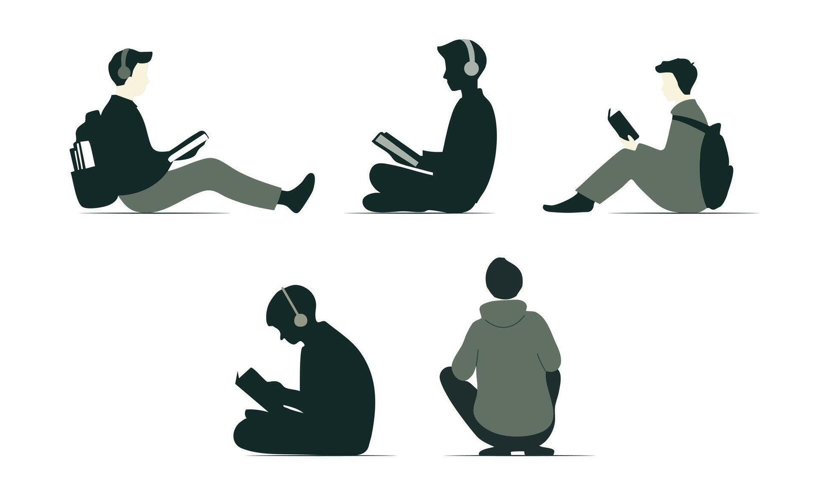 Monochrome student silhouettes. Flat set of students sitting with books and headphones vector