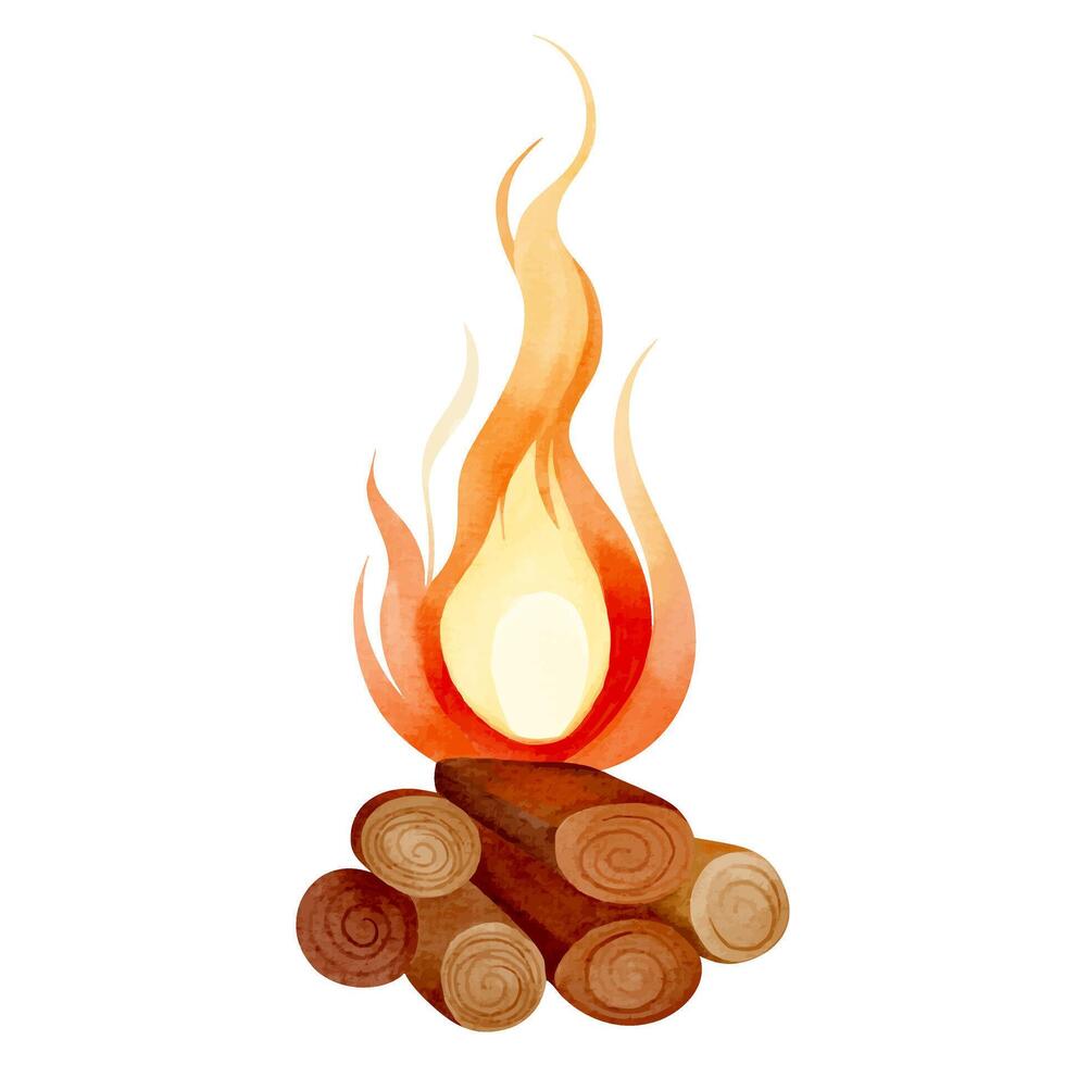 Watercolor forest bonfire with autumn vibes and rustic warmth. Fireplace hand drawn fall illustration vector