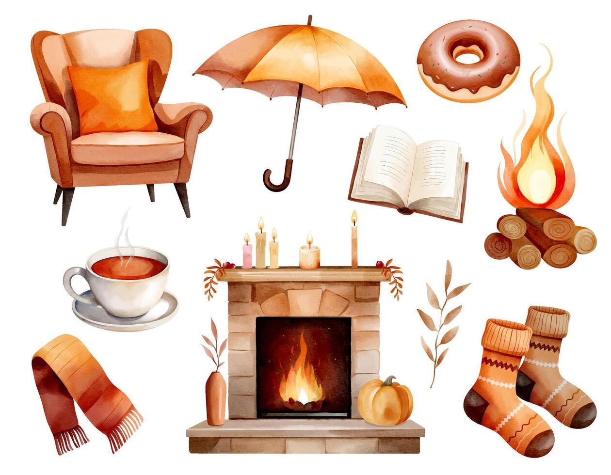 Watercolor cozy autumn set with tea, socks, book, chair, scarf and fireplace. Hand drawn fall illustration vector