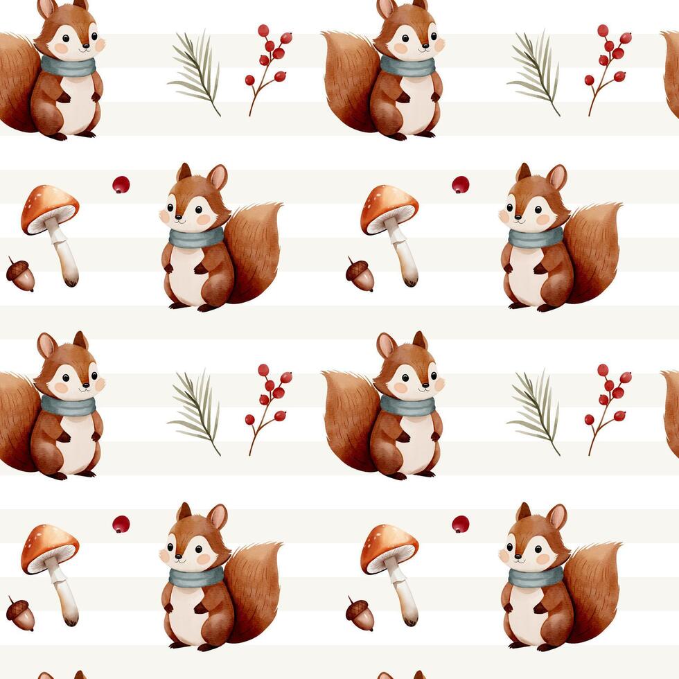 Watercolor pattern with squirrel, leaves, mushroom for autumnal design. Fall seamless pattern. Autumn woodland vector
