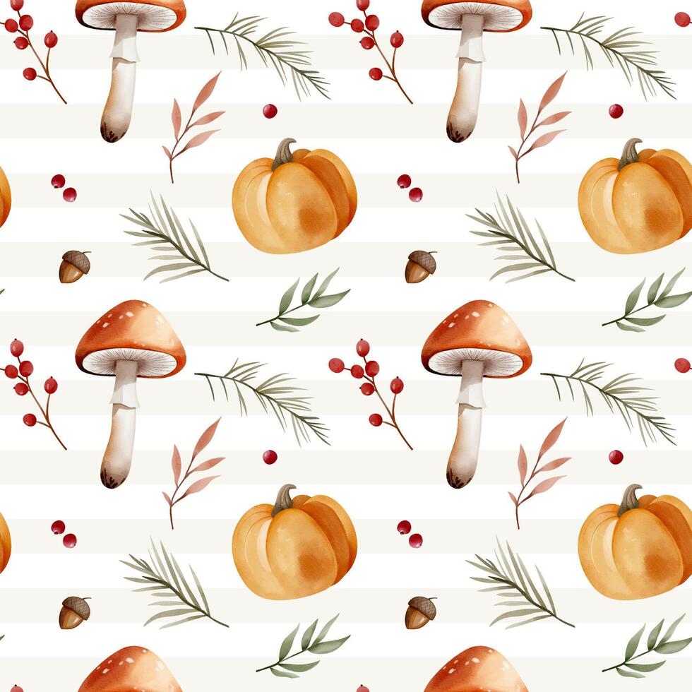 Watercolor pattern with pumpkin, leaves, mushrooms, berries for autumnal design. Fall seamless pattern. vector
