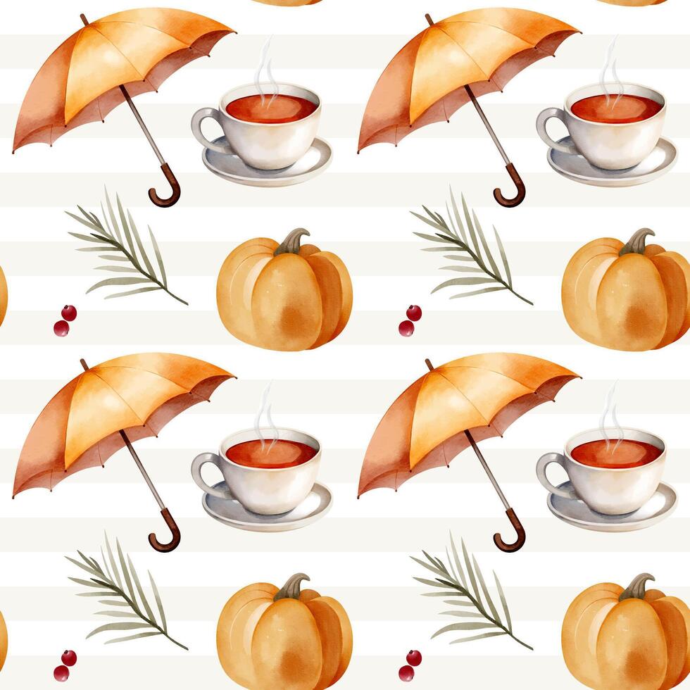 Watercolor pattern with umbrella, cup of tea, pumpkin for autumnal design. Cozy fall seamless pattern. vector
