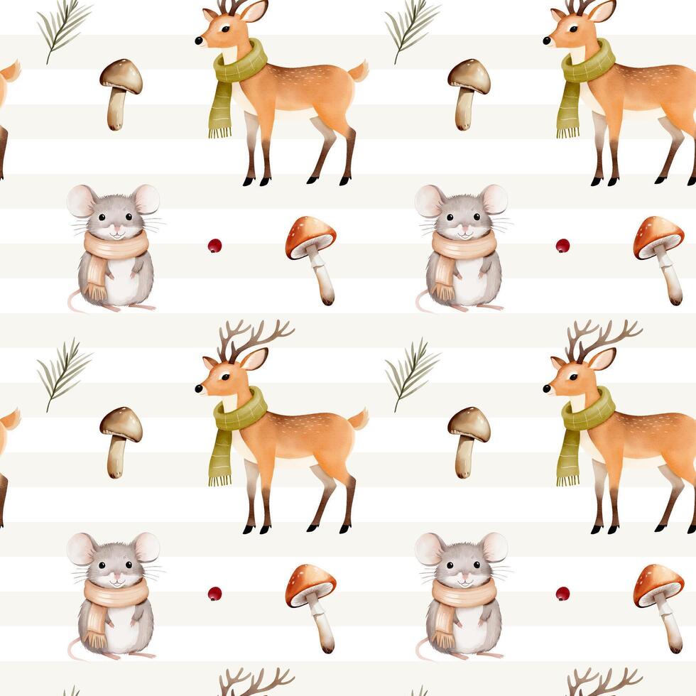 Watercolor pattern with deer, mouse, mushroom for autumnal design. Fall seamless pattern. Autumn woodland vector
