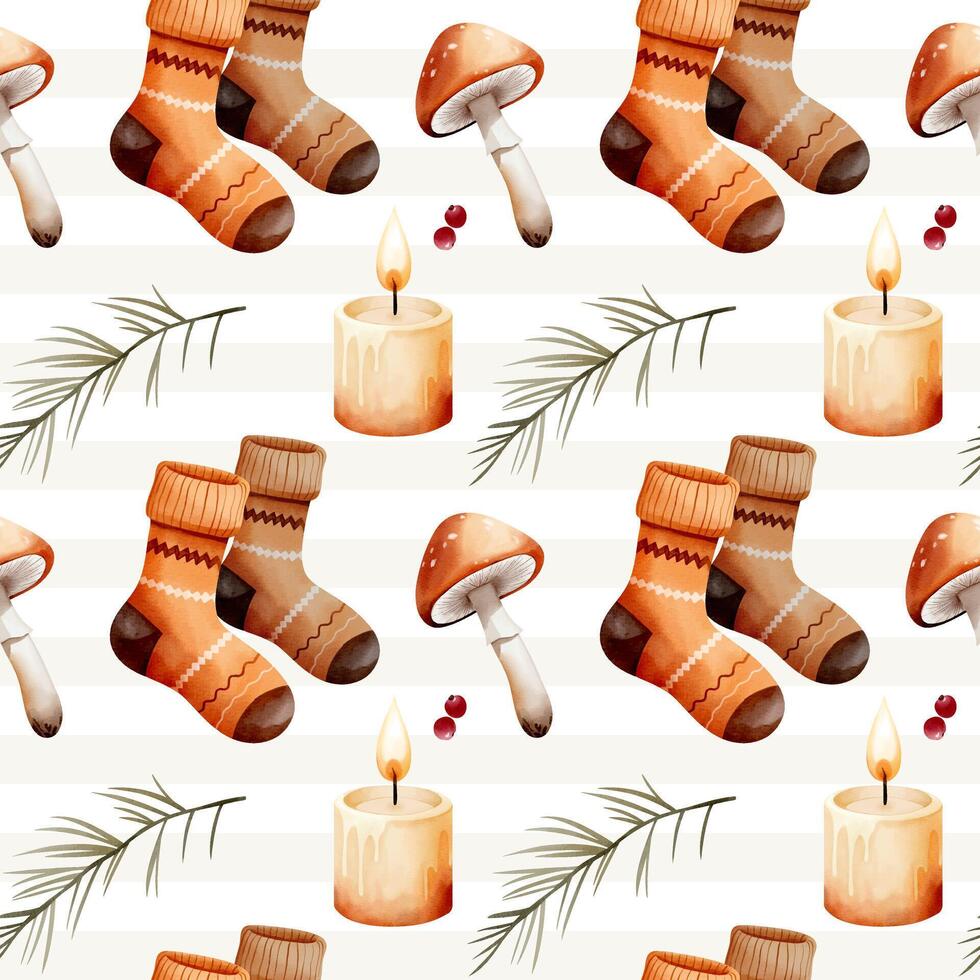 Watercolor pattern with socks, candle, mushroom for autumnal design. Cozy fall seamless pattern. vector