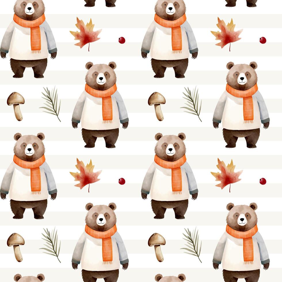 Watercolor pattern with bear, leaves, mushroom for autumnal design. Fall seamless pattern. Autumn woodland vector