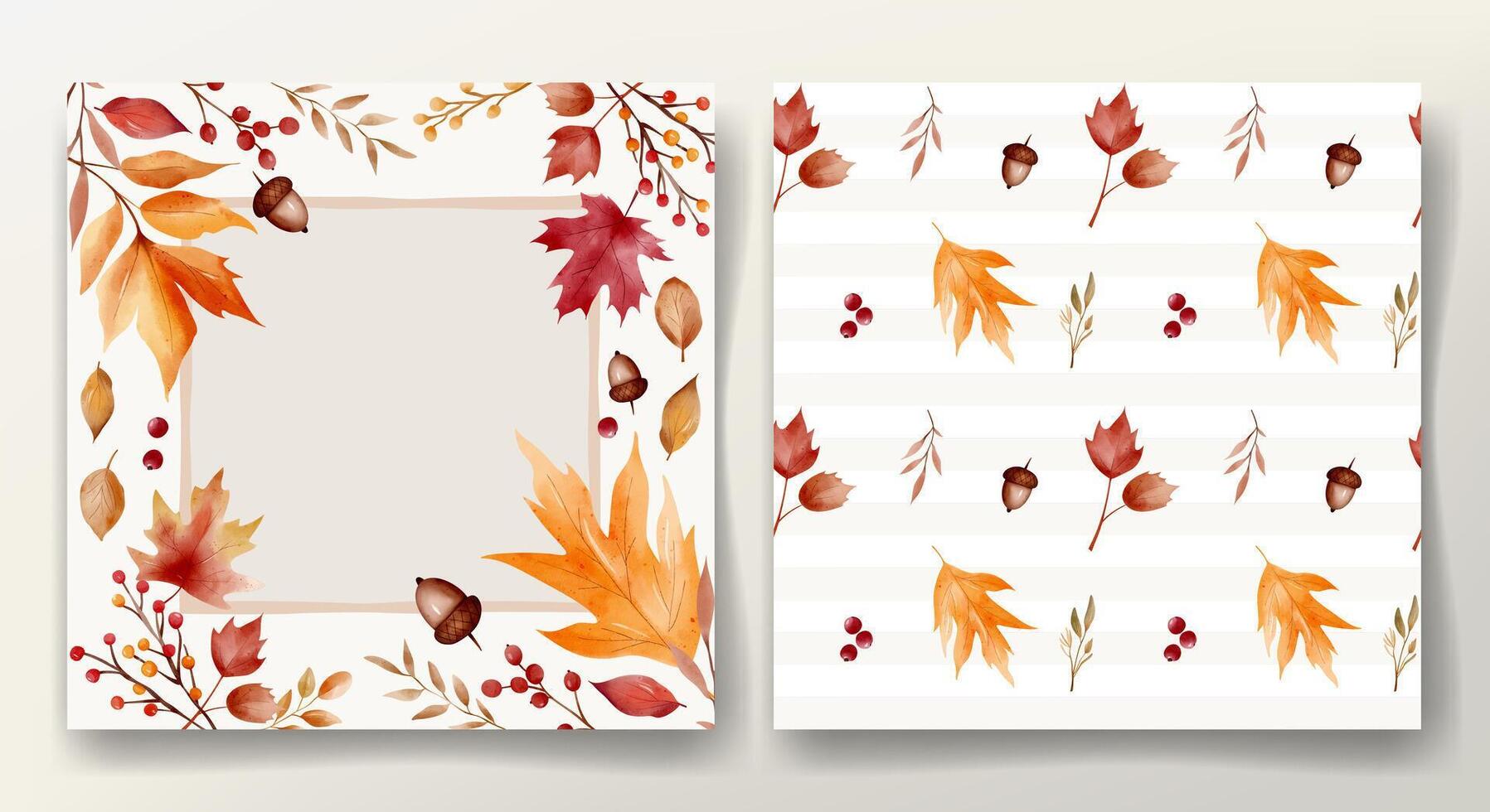 Watercolor autumn set with frame and seamless pattern with fall leaves for seasonal design and decoration vector