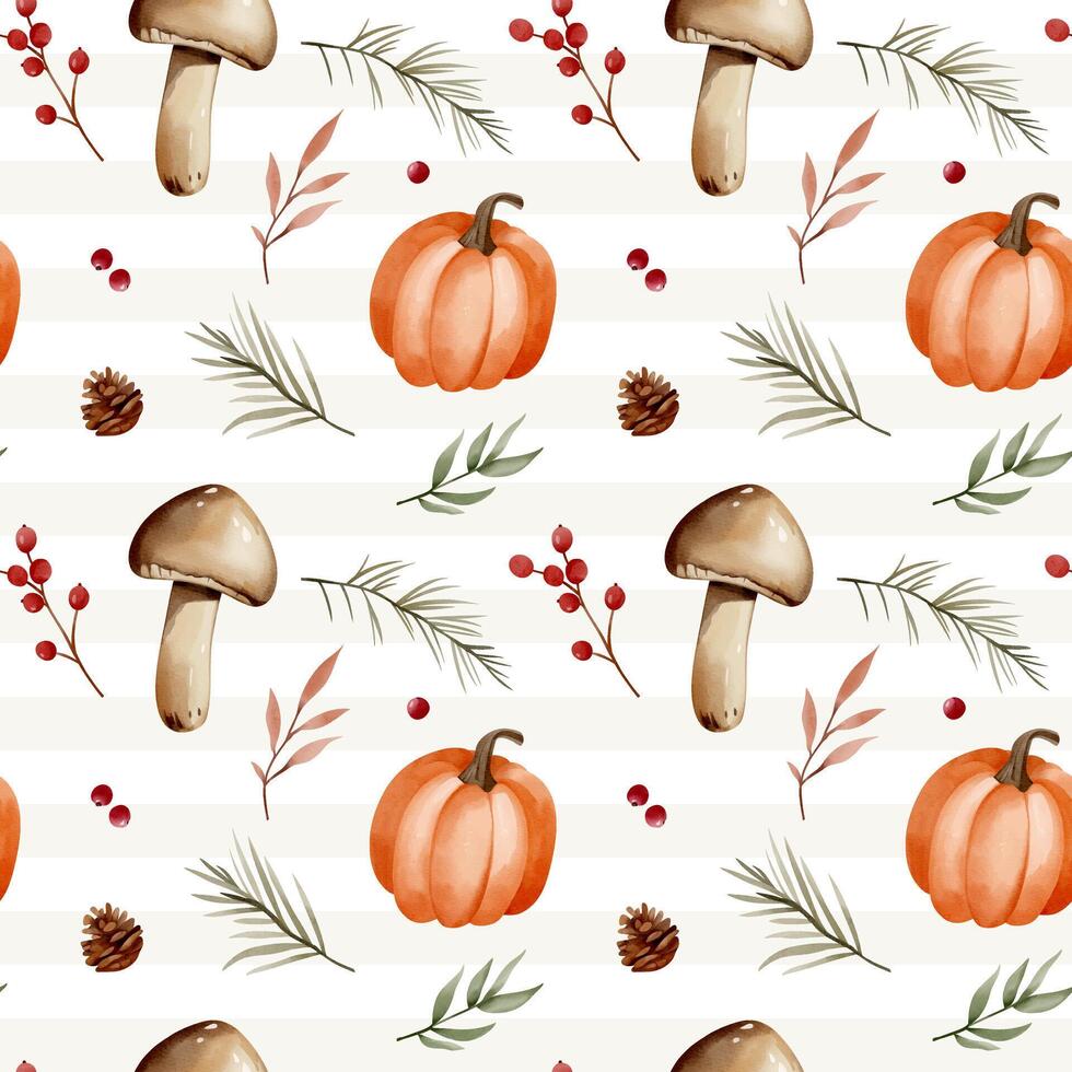 Watercolor pattern with mushrooms, pumpkin, leaves, berries for autumnal design. Fall seamless pattern. vector