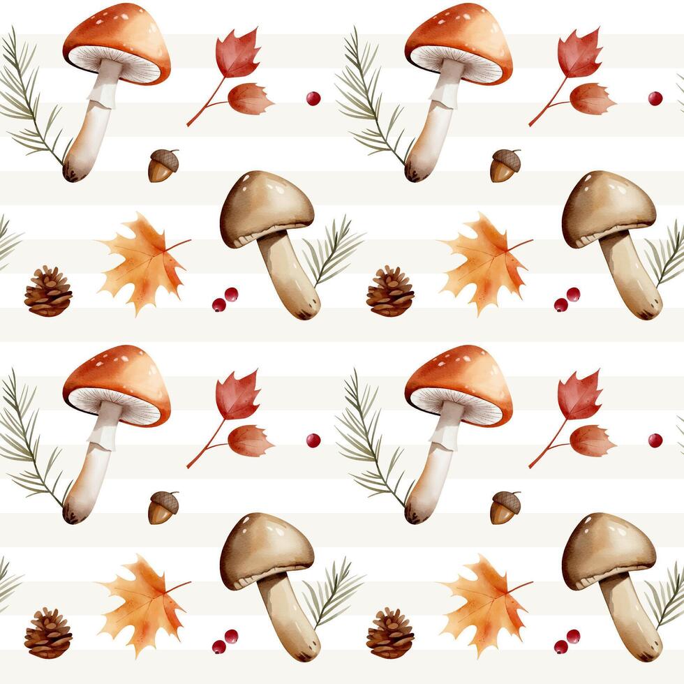 Fall seamless pattern. Watercolor autumn background with mushrooms, leaves, berries and branches. vector