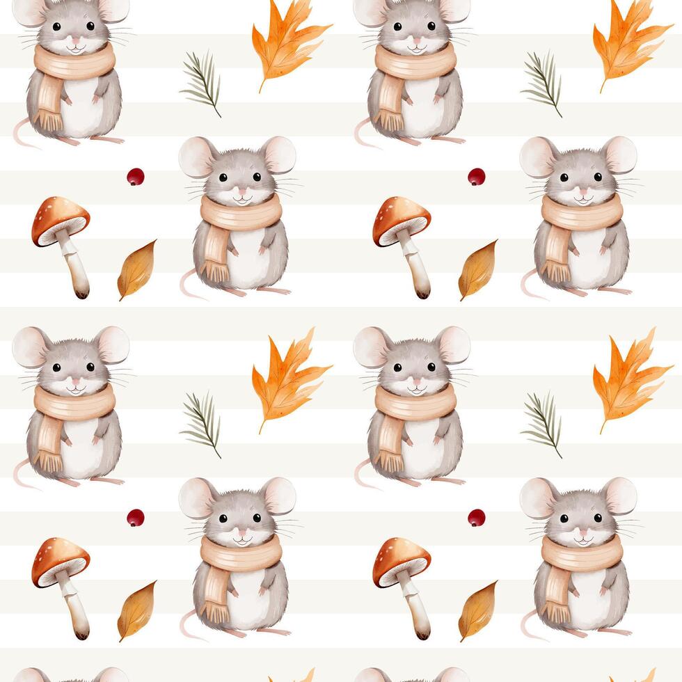 Watercolor pattern with mouse, leaves, mushroom for autumnal design. Fall seamless pattern. Autumn woodland vector