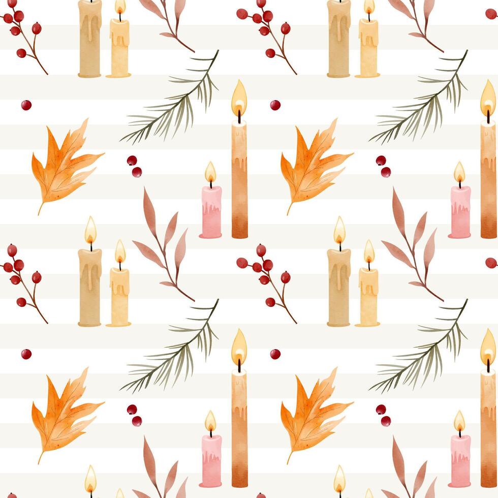 Watercolor pattern with leaves, berries and candles for autumnal design. Fall seamless pattern. vector