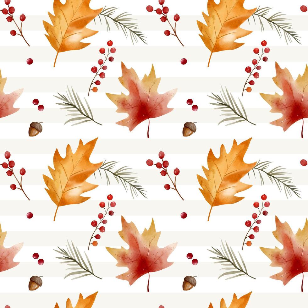Watercolor pattern with maple leaves, berries and acorn for autumnal design. Fall seamless pattern. vector