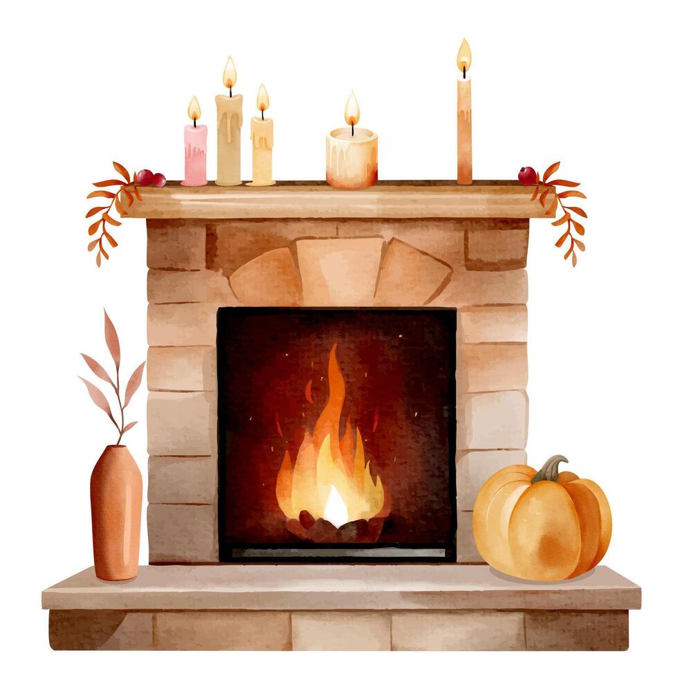 Cozy autumn fireplace with burning fire. Watercolor illustration with autumn decor vector