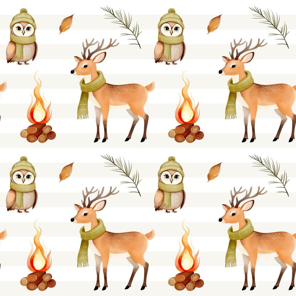 Watercolor pattern with cute deer and owl for autumnal design. Fall seamless pattern. Autumn woodland vector