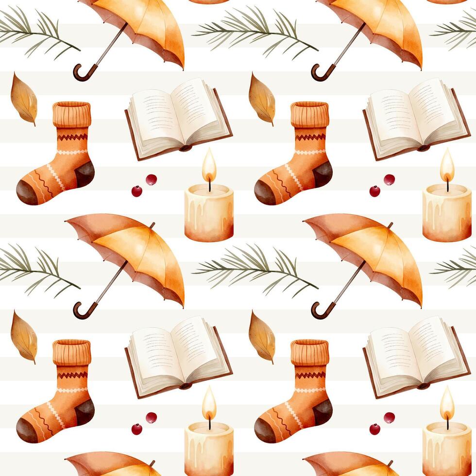 Watercolor pattern with umbrella, sock, book, candle for autumnal design. Cozy fall seamless pattern. vector