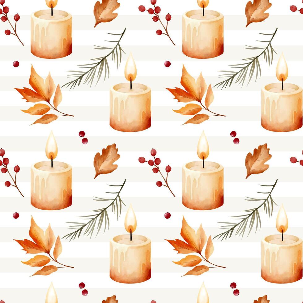 Watercolor pattern with leaves, berries and candle for seasonal design. Fall seamless pattern. vector