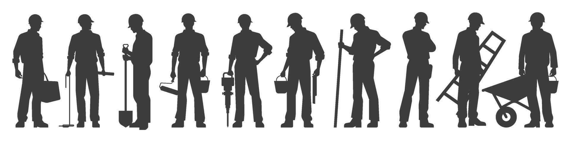 Set of constructions worker labor builder industry silhouettes poses with tools and gear equipment isolated on transparent background vector