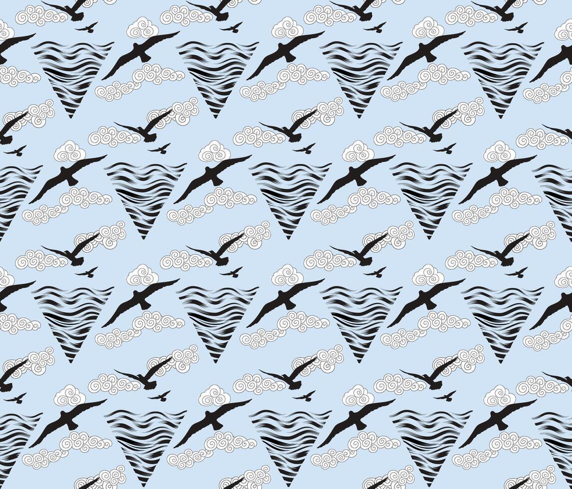 Seamless pattern with birds flying in the sky with clouds over sea waves. Nature sea view ornamental line drawn background. vector