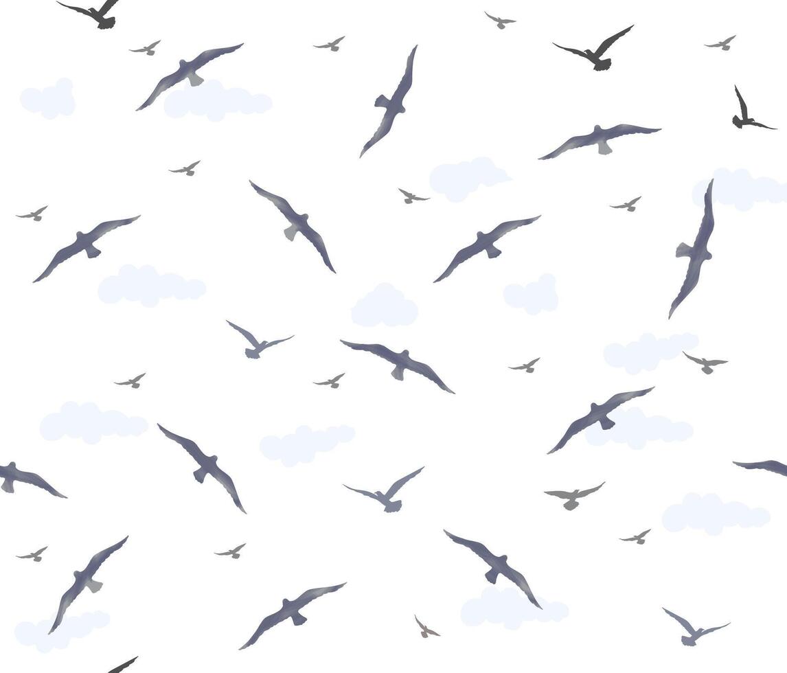 Seamless pattern with birds flying in the sky with clouds over sea waves. Nature sea view ornamental background vector