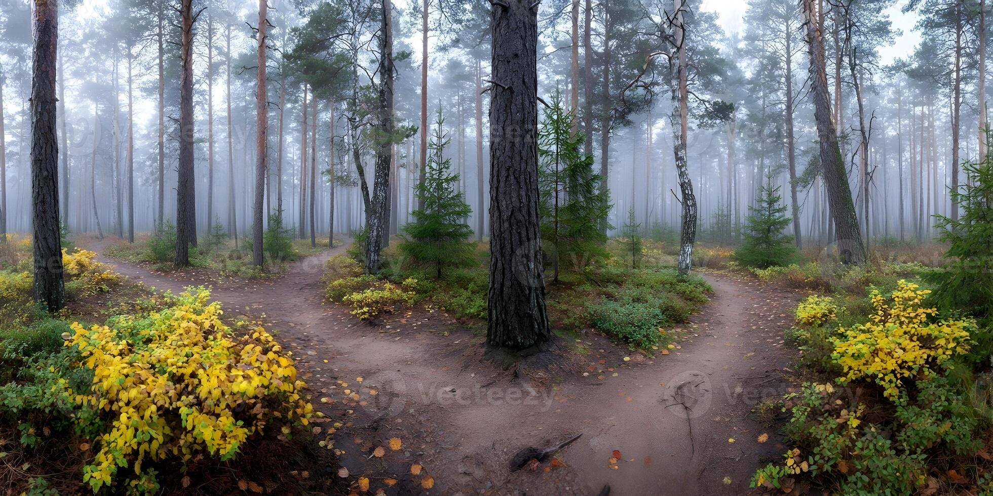 Autumn Forest Trails Misty Woods Path Fork in Road Yellow Bushes Trees Scenery photo