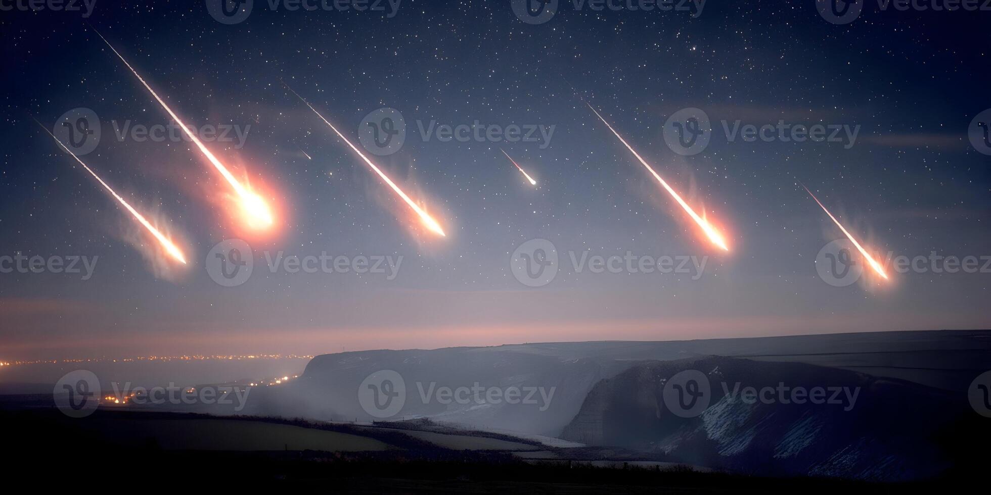 Night Landscape with Multiple Bright Shooting Stars over Hills and City Lights photo