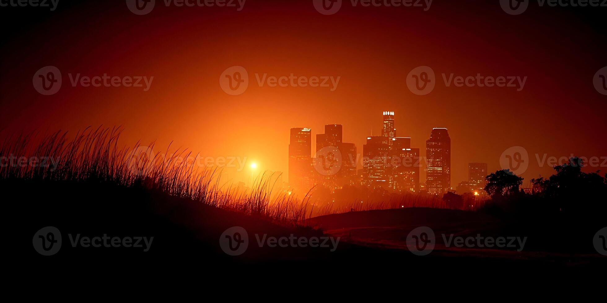 Los Angeles Cityscape Night Illuminated Buildings Orange Skyline photo