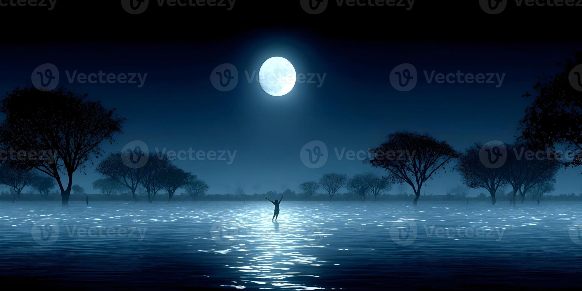 Silhouette Person Raising Hands Under Full Moon Night Calm Water Trees Landscape photo