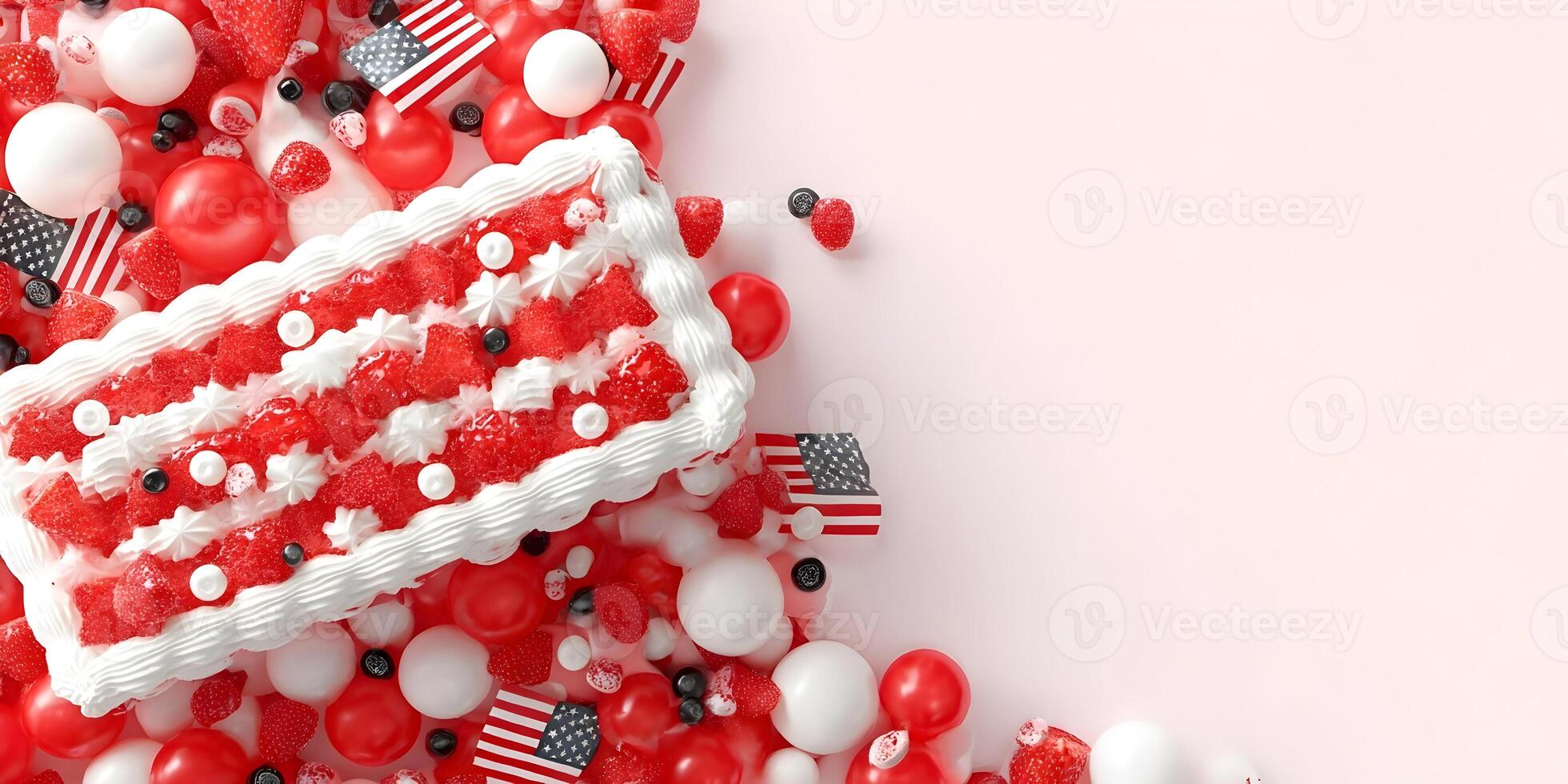 red, white and blue american flag cake with red and white balloons photo