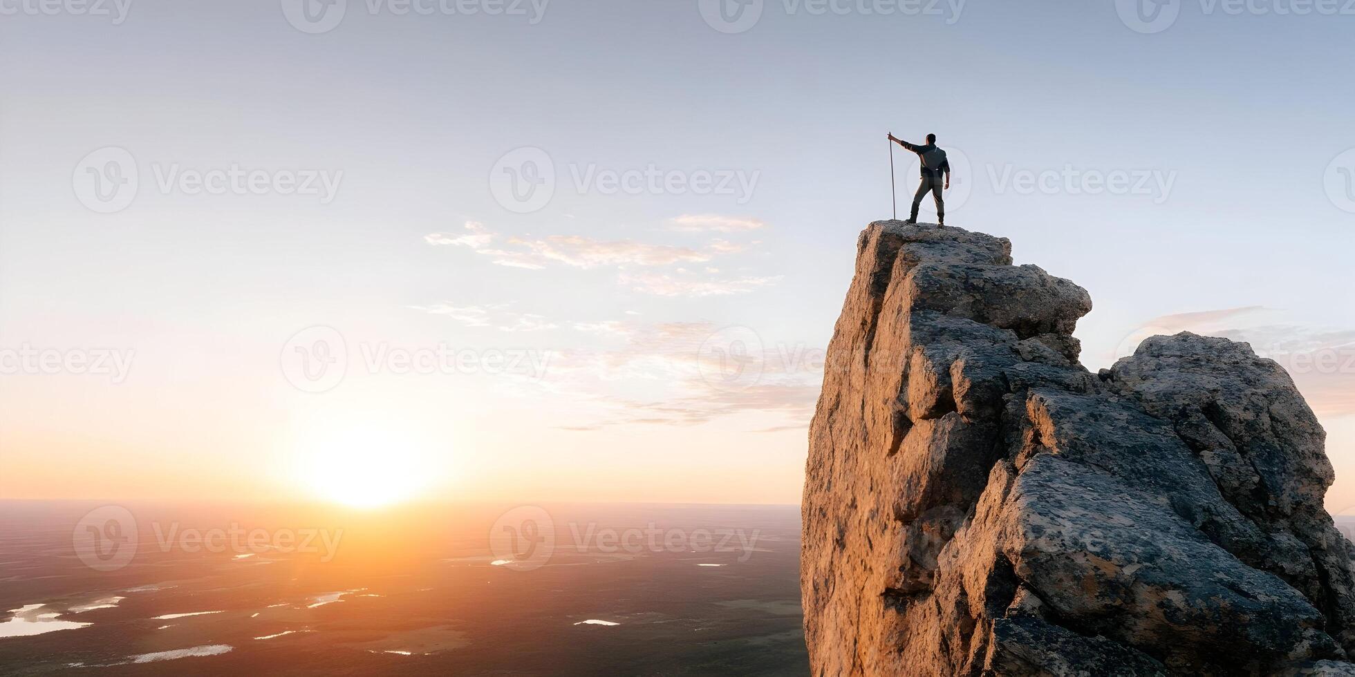 Man on Mountain Peak at Sunset Success Achievement Landscape photo