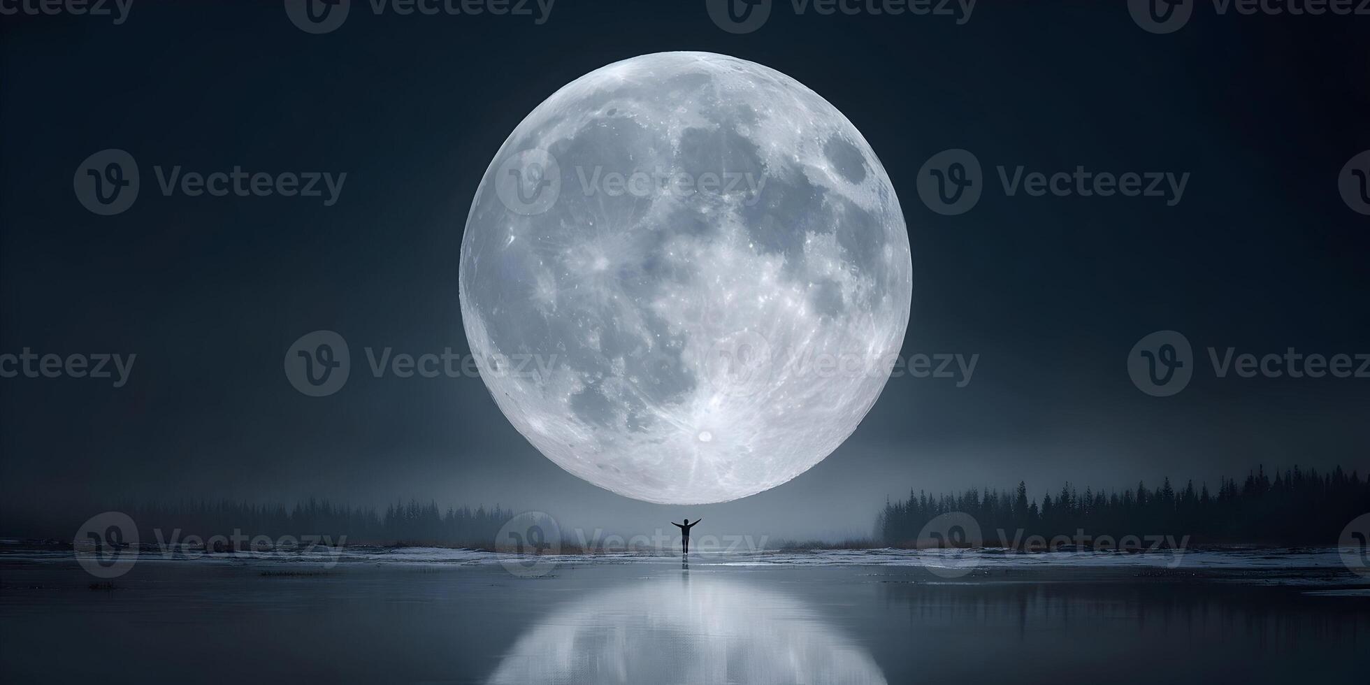 Person Silhouetted Against Enormous Moon Winter Landscape photo