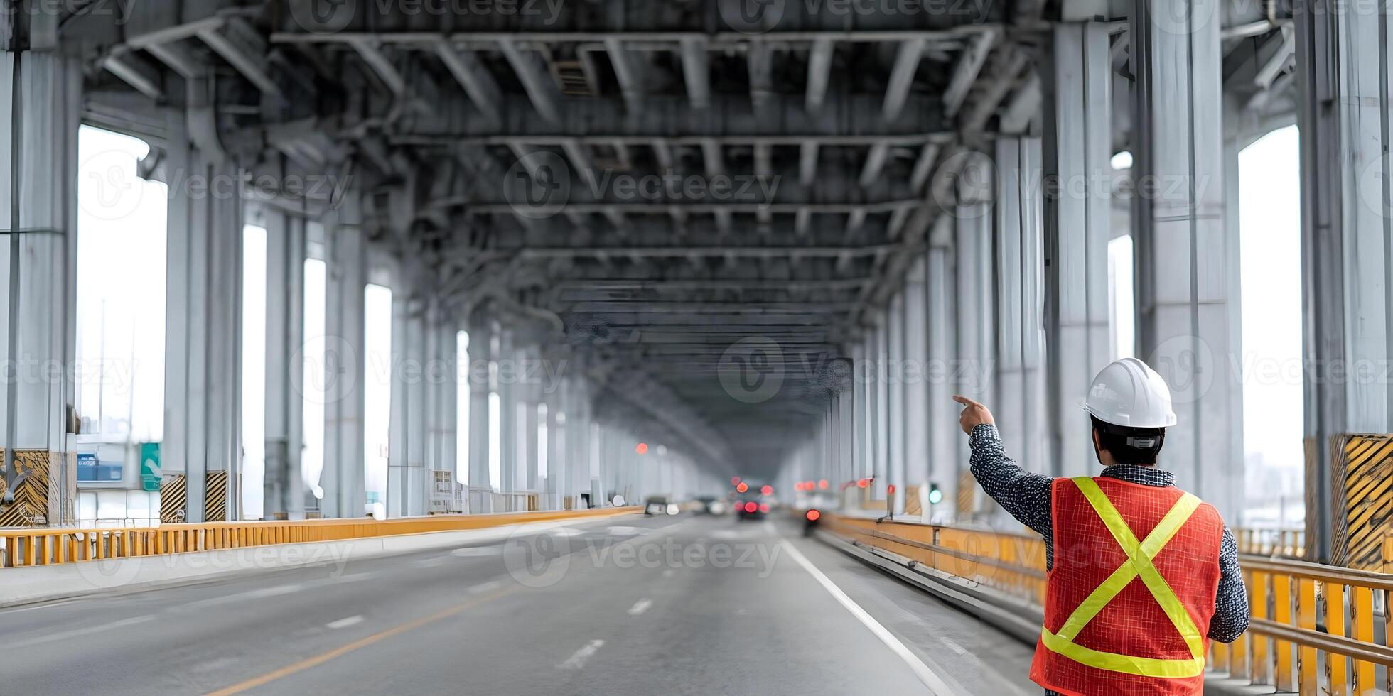 Engineer on Bridge Inspecting Road Construction photo