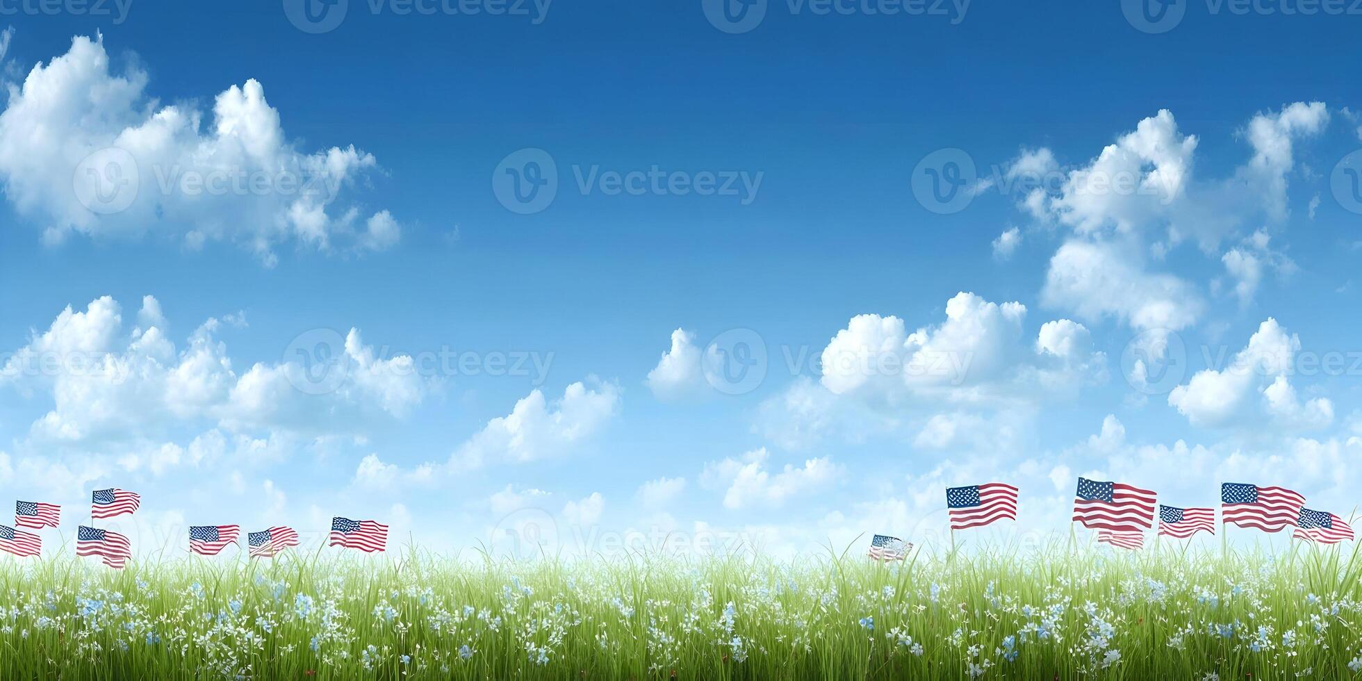 American Flags Field Blue Sky Summer Patriotic Image photo