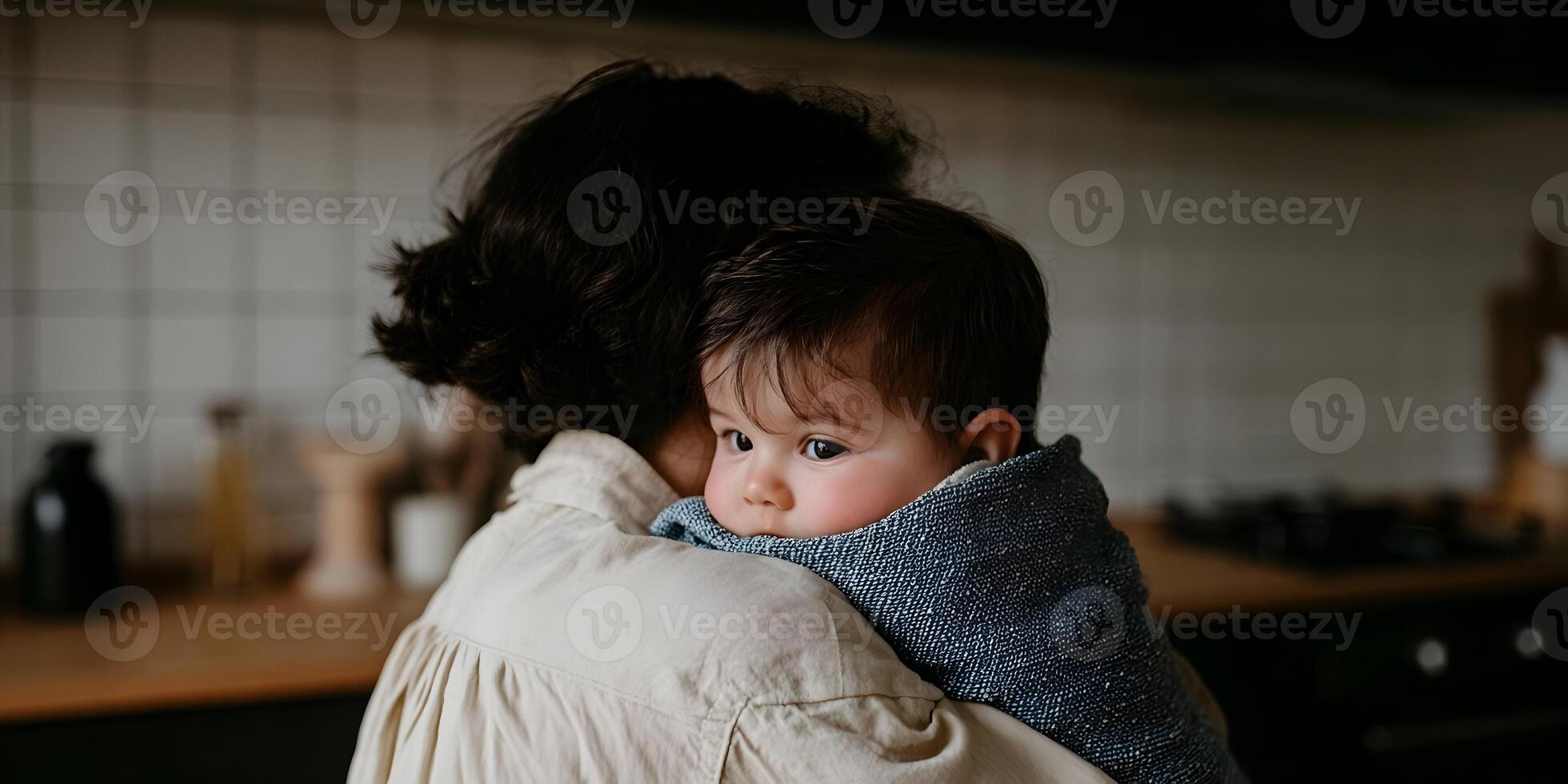 Mother Holding Baby in Kitchen Cozy Home Scene photo