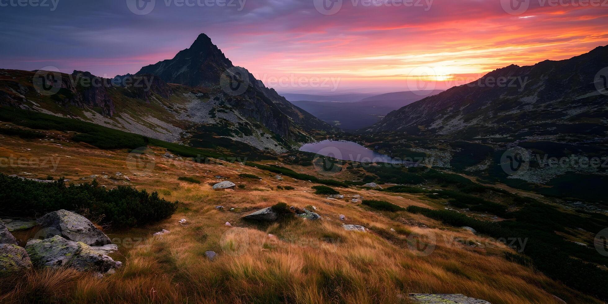 Mountain Lake Sunset Landscape High Altitude Scenery Colorful Sky Rocks Grass photo