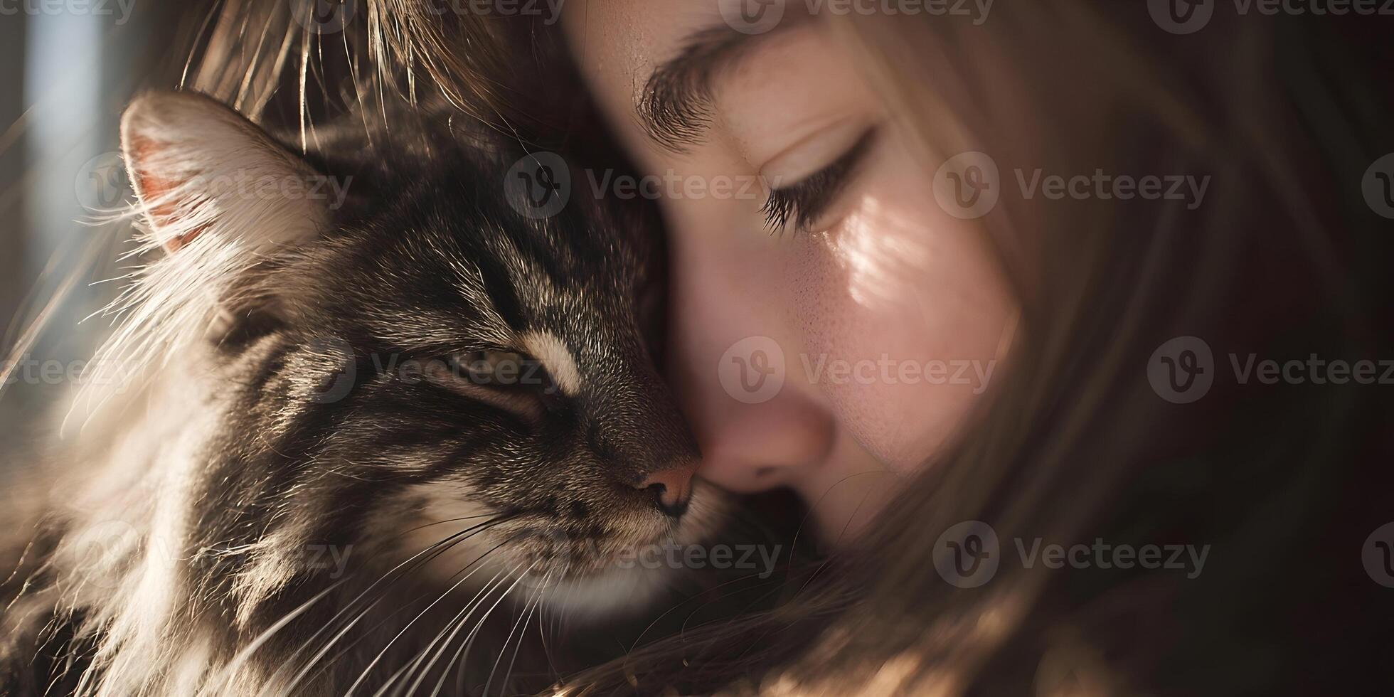 Girl and Cat Close Up Tender Moment Long Hair Tabby Kitten photo