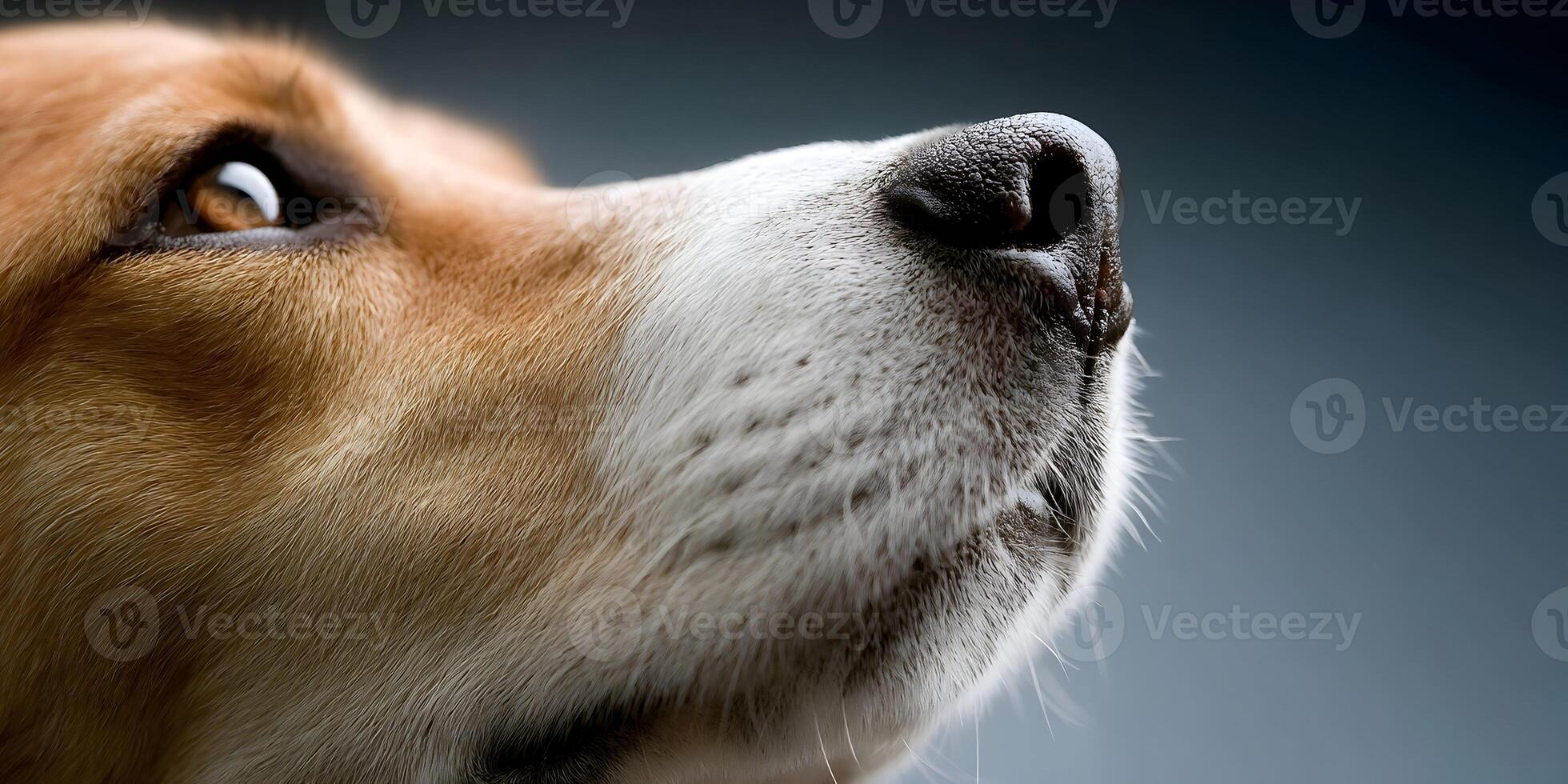Closeup Beagle Dog Face Looking Upwards Brown White Fur photo