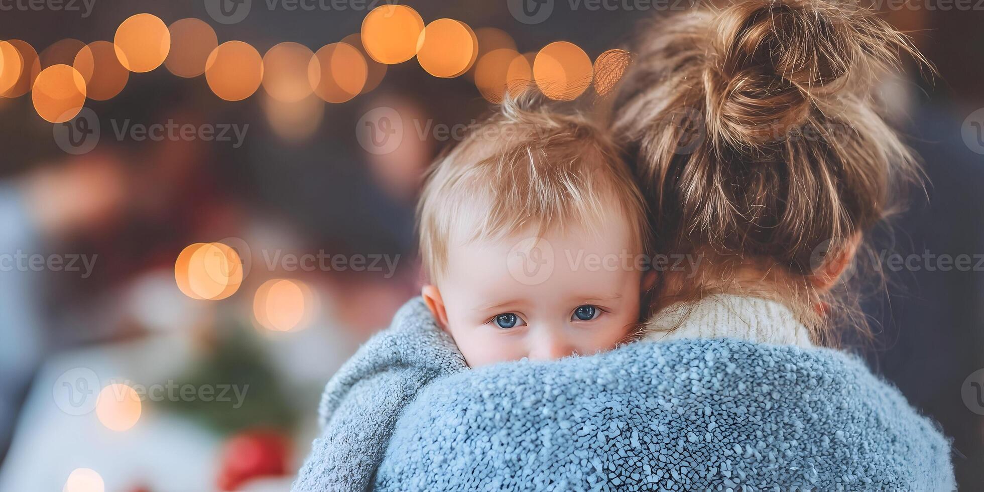 Mother Holding Baby Close at Christmas Family Gathering Warm Cozy Scene photo