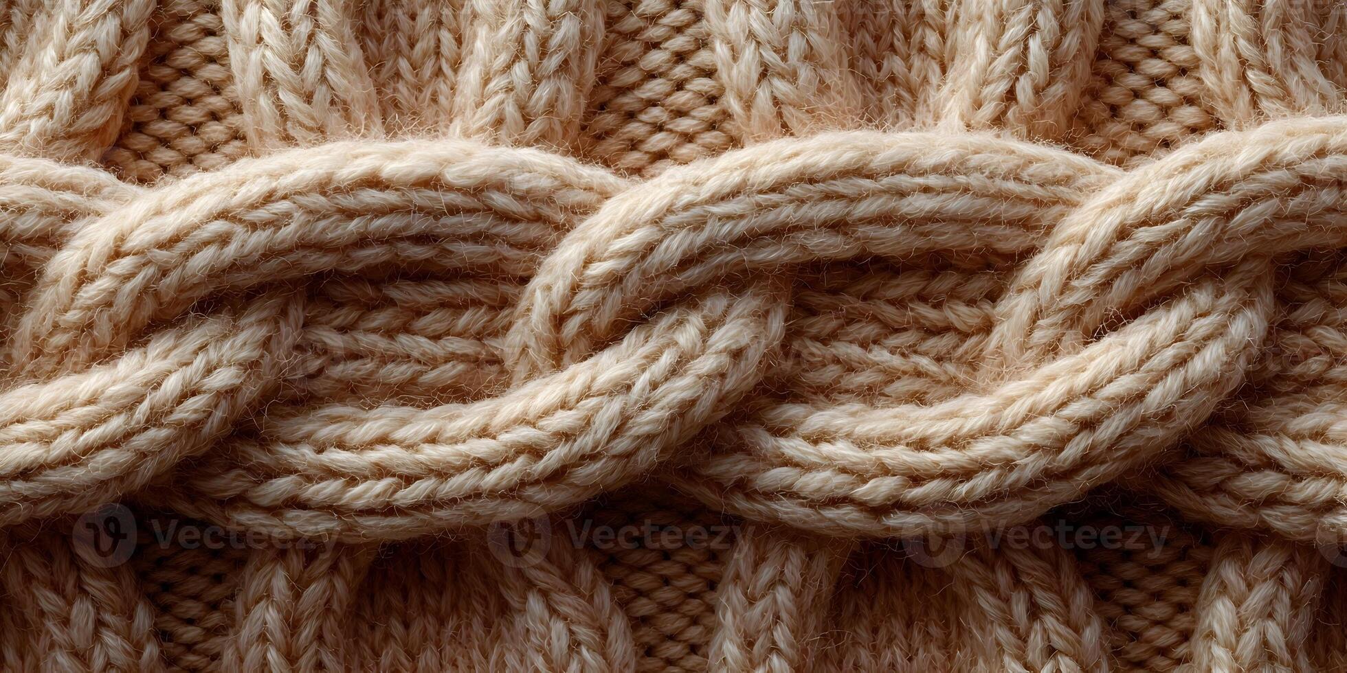 Beige Knitted Fabric Texture Cable Knit Pattern Detailed Closeup Wool Yarn Background photo
