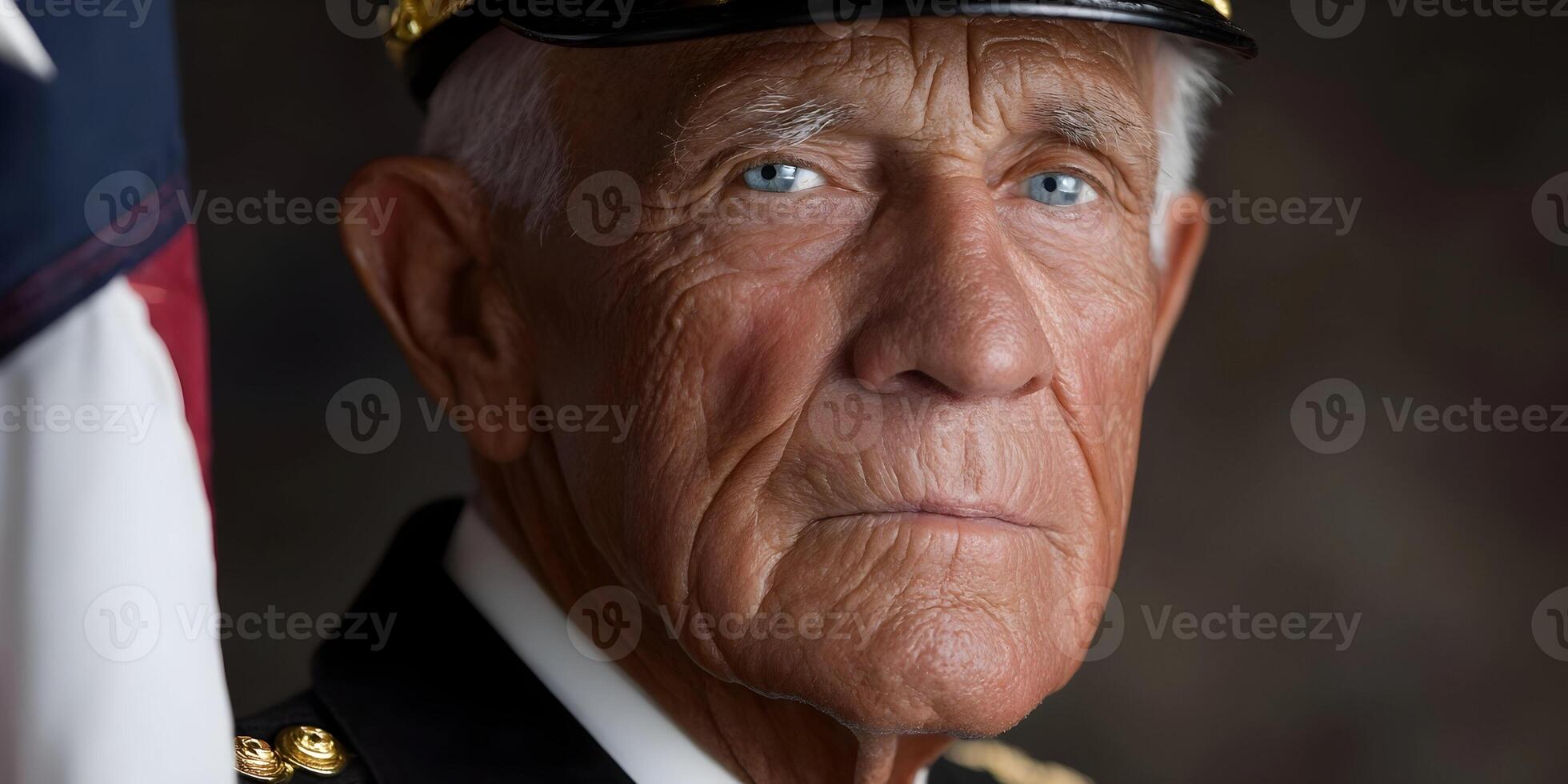Portrait of Senior Military Officer in Uniform Near American Flag photo