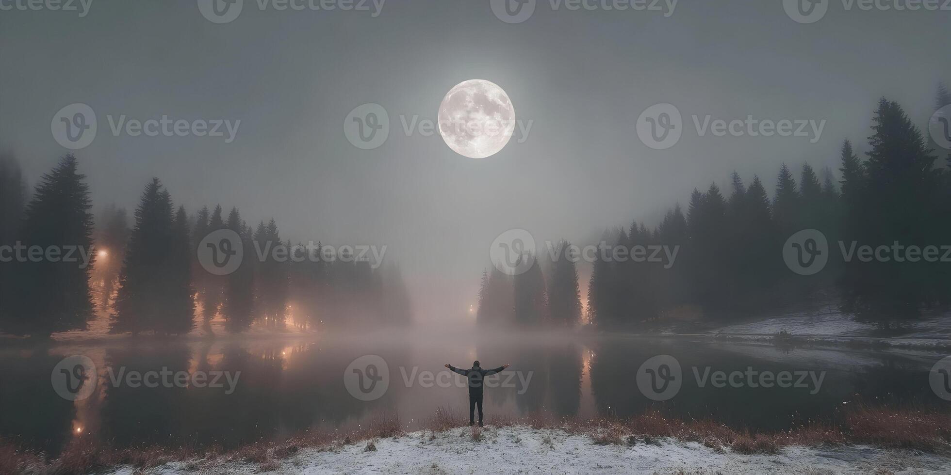 Man Silhouetted Against Full Moon Over Foggy Lake and Snowy Pines photo