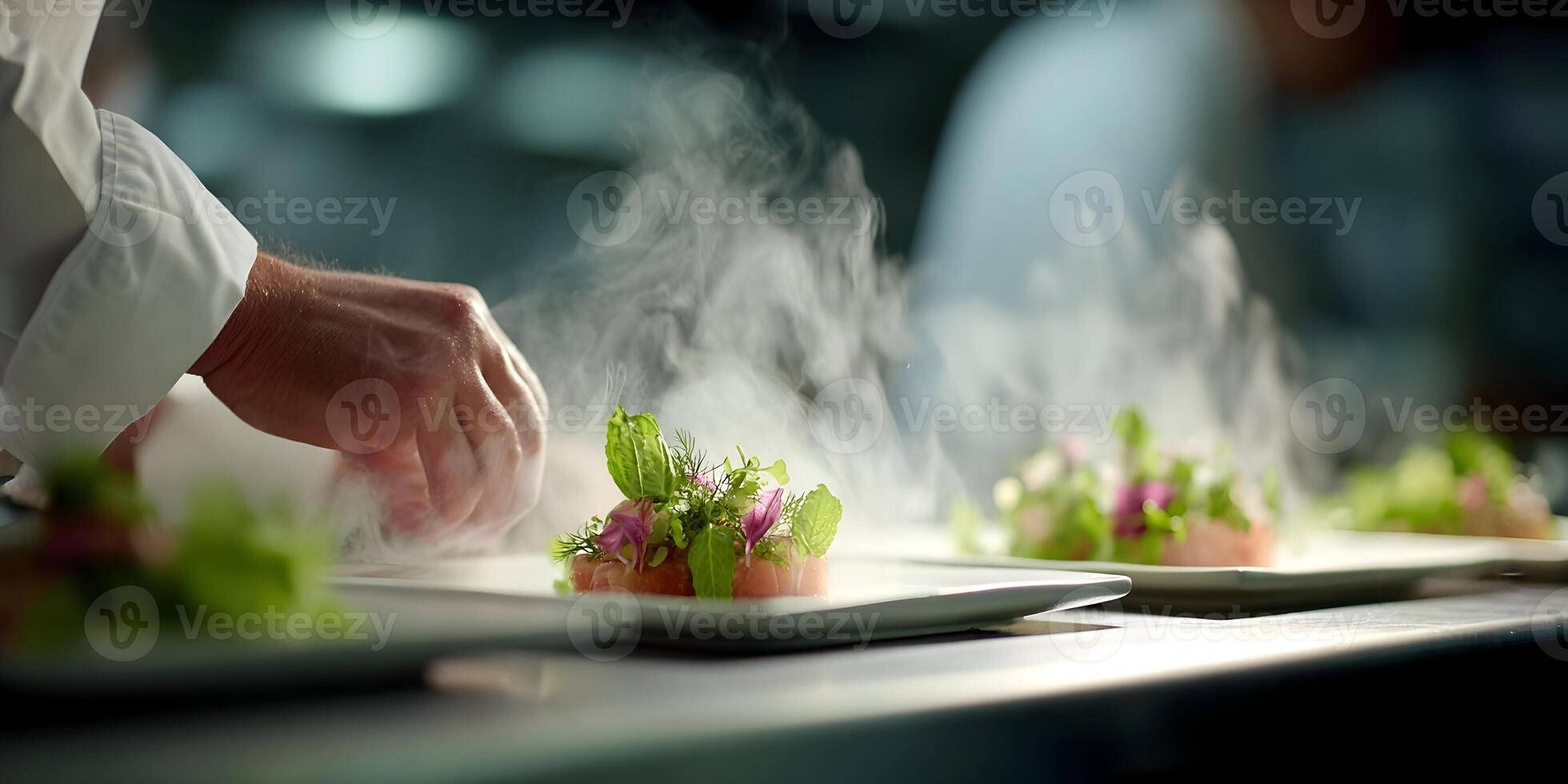 Chef Preparing Gourmet Salmon Dish with Herbs and Flowers Smoked Food Presentation photo