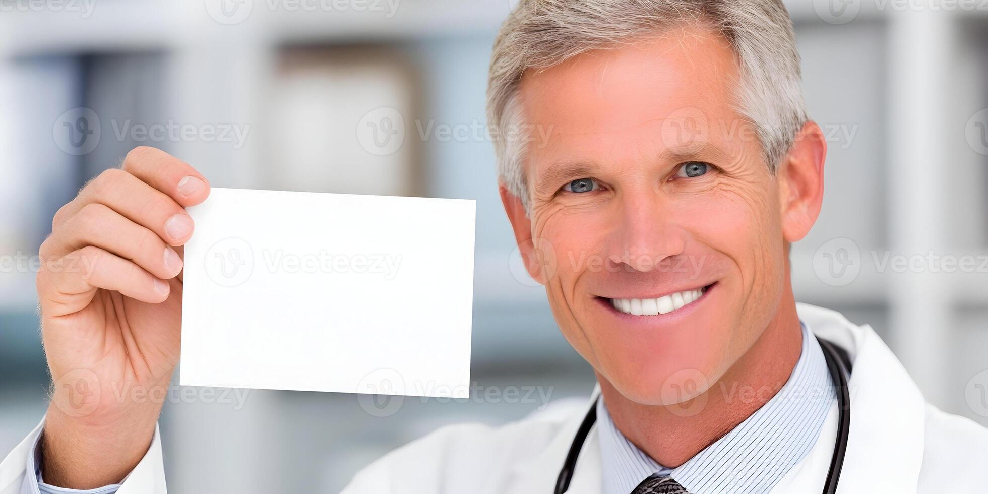 Smiling Male Doctor Holding Blank White Card Medical Announcement photo