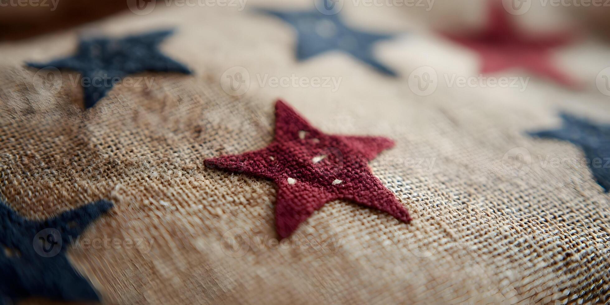 Burlap Fabric with Red and Blue Stars Closeup Texture photo