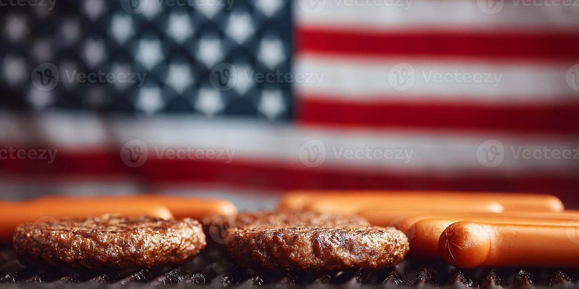 Grilled Burgers Hot Dogs American Flag Background Fourth of July BBQ Cookout photo