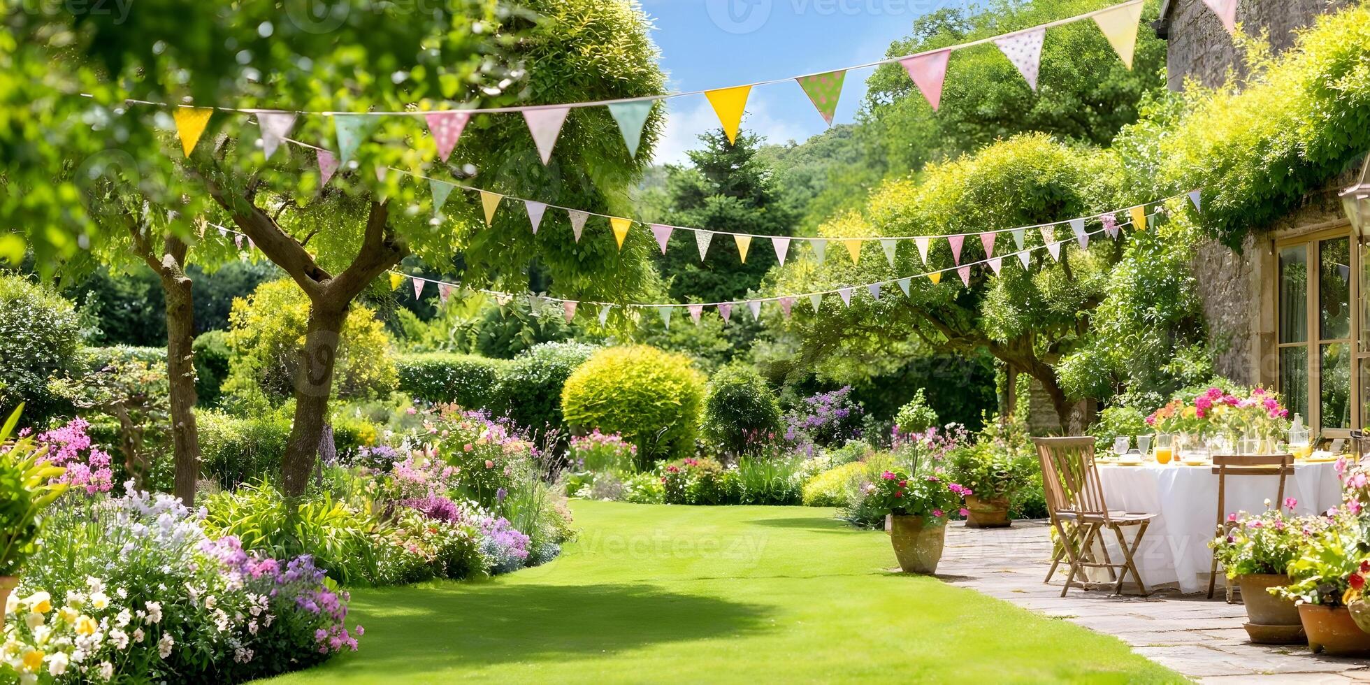 Beautiful Garden Party Setting with Flowers and Bunting photo