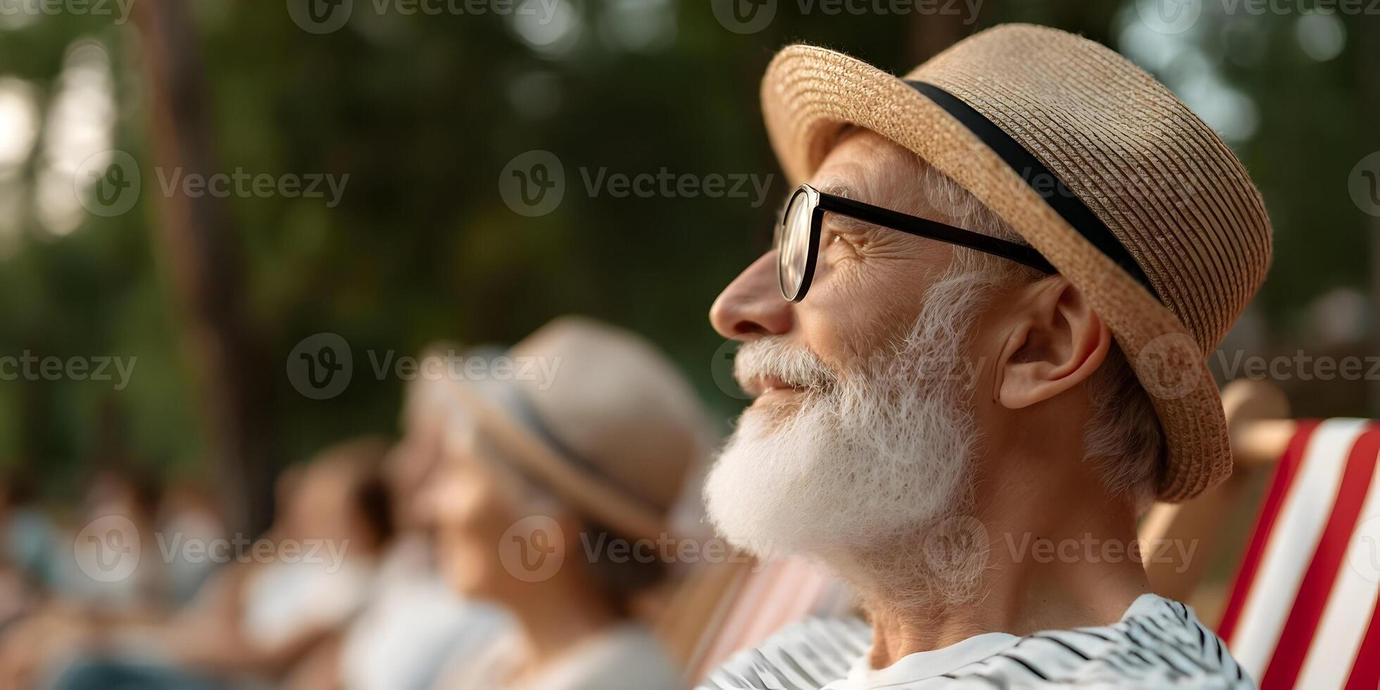 Smiling Senior Man Straw Hat Outdoors Summer photo