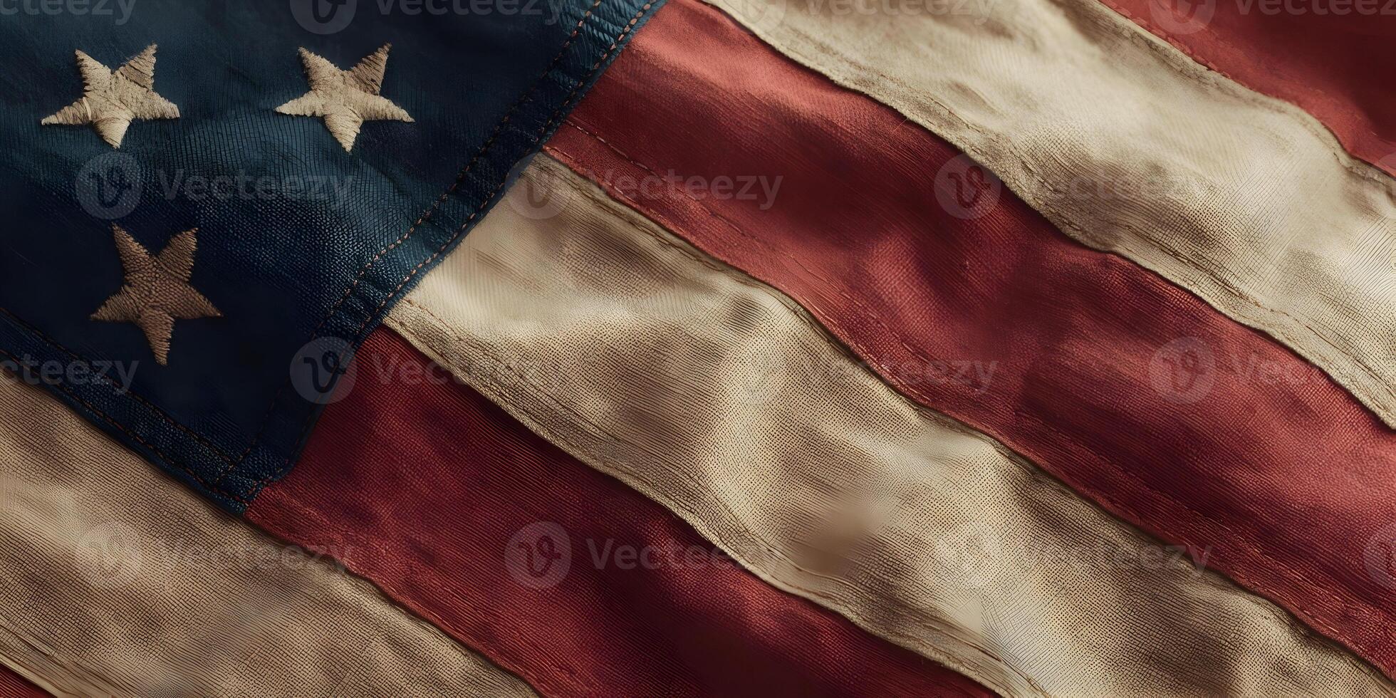 Closeup Detailed Image of Old Weathered American Flag with Three Stars photo