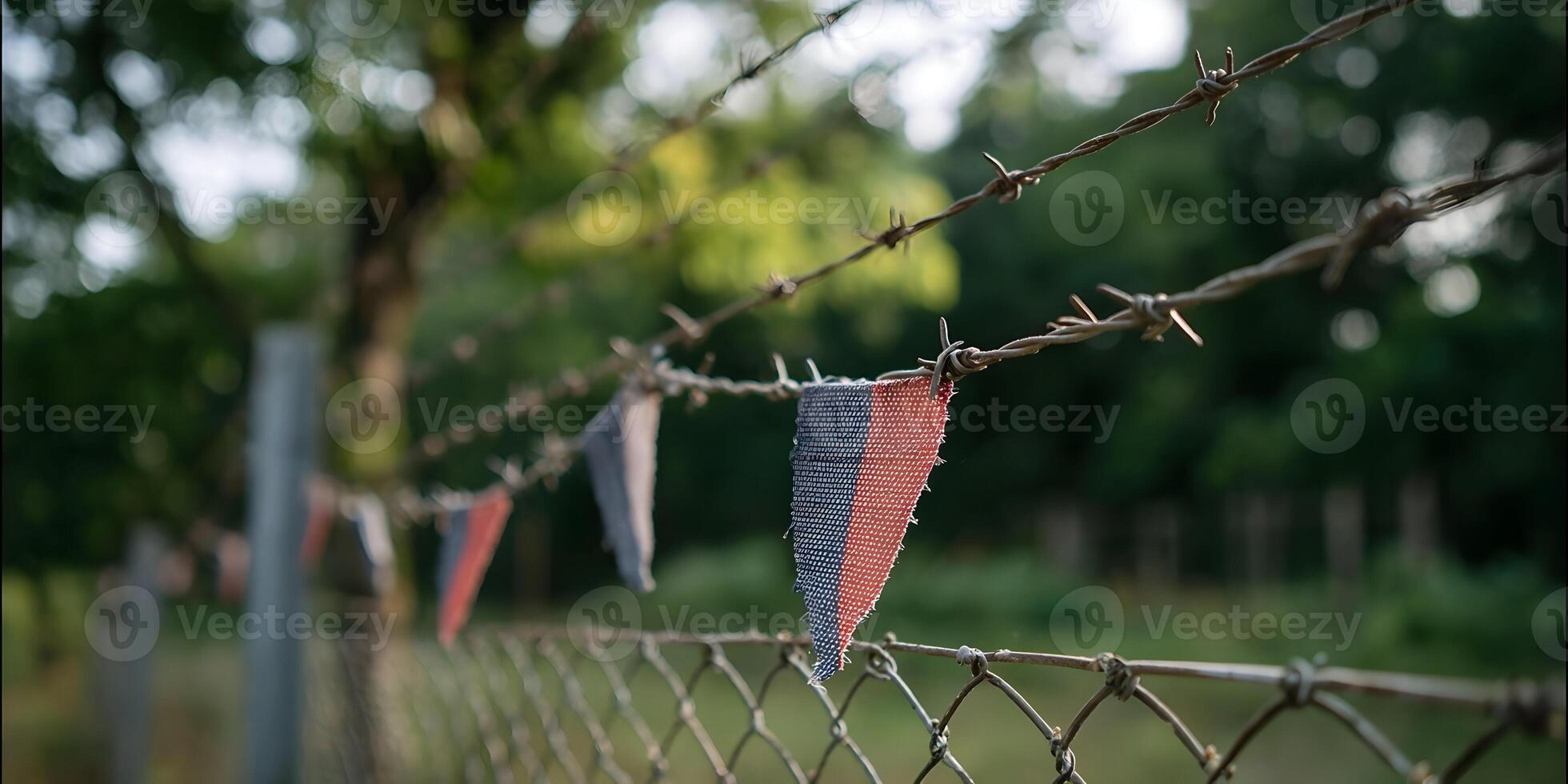 Red and Blue Rag Bunting on Barbed Wire Fence Outdoors photo