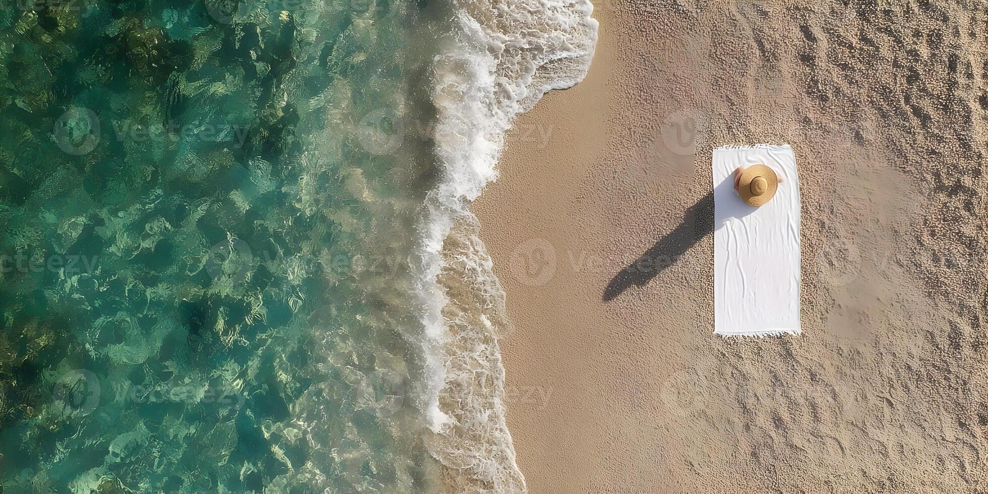 Aerial View Woman Relaxing on Beach Towel Summer Vacation Ocean Waves Sand photo